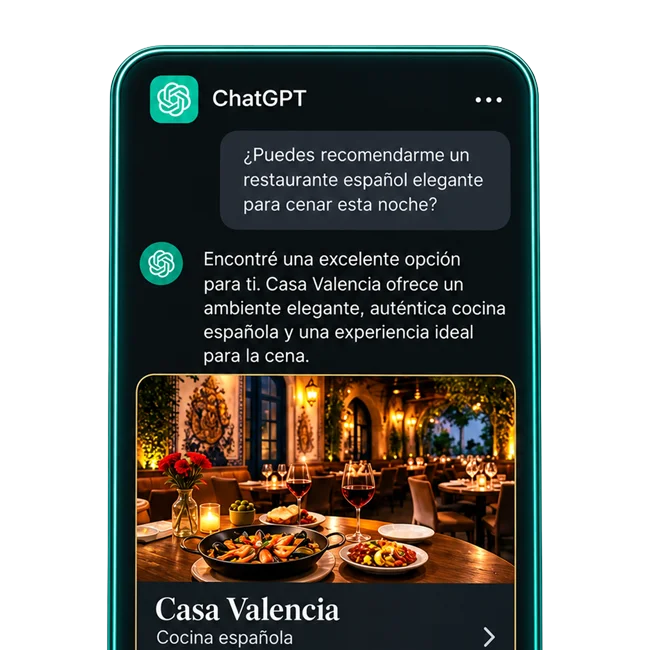 Conversación en ChatGPT recomendando el restaurante Casa Valencia, con su comedor y sus platos
