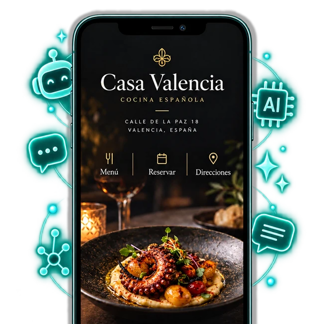 Web de restaurante mostrada en un móvil, con los enlaces al menú, reservas y direcciones de Casa Valencia
