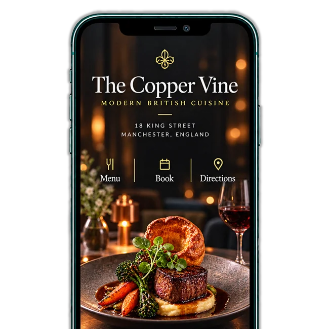 A restaurant website on a phone: The Copper Vine, Manchester, with menu, booking and directions links over a plated dish