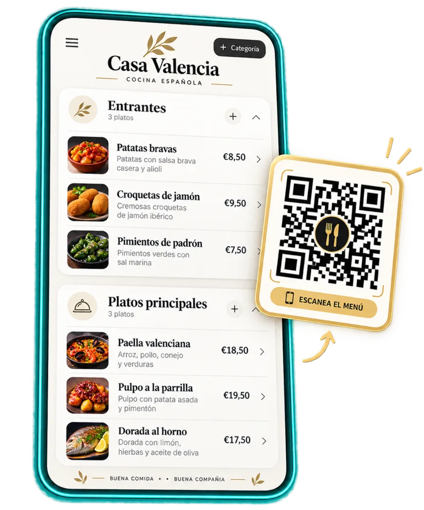 Carta digital de un restaurante en el móvil junto al código QR para escanear el menú