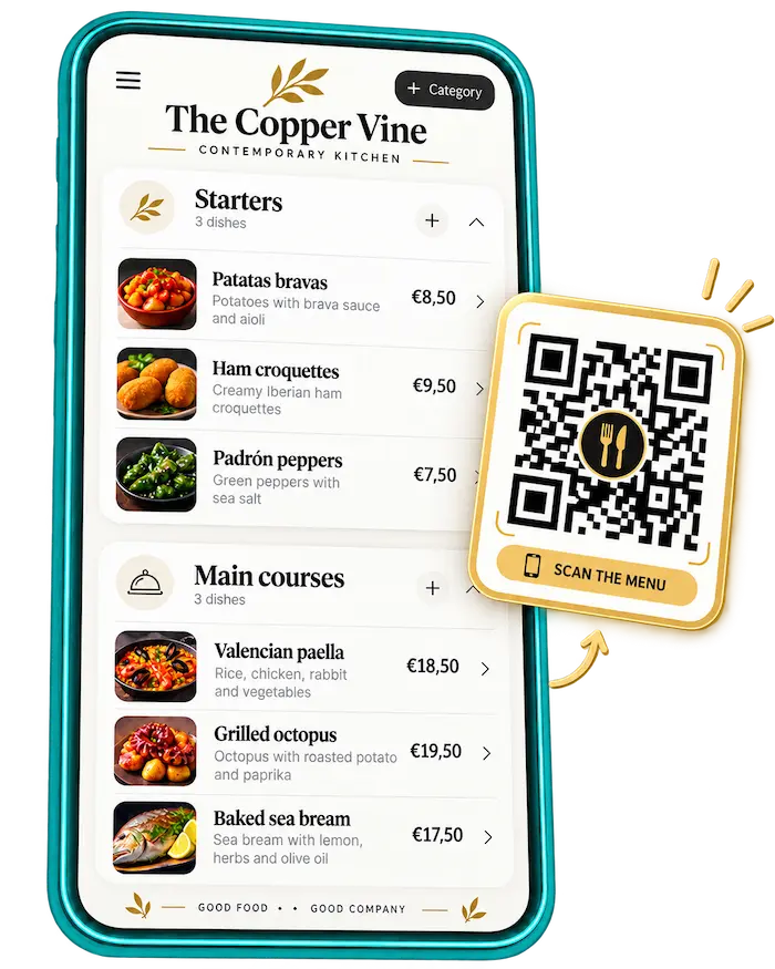 A restaurant digital menu on a phone next to the QR code guests scan to open it