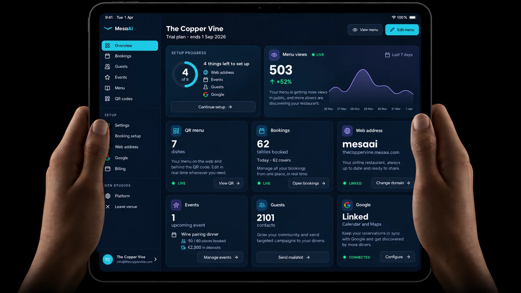 The MesaAI control panel on a tablet: menu views, bookings, guests, events, QR menu and Google connection, all on one dashboard