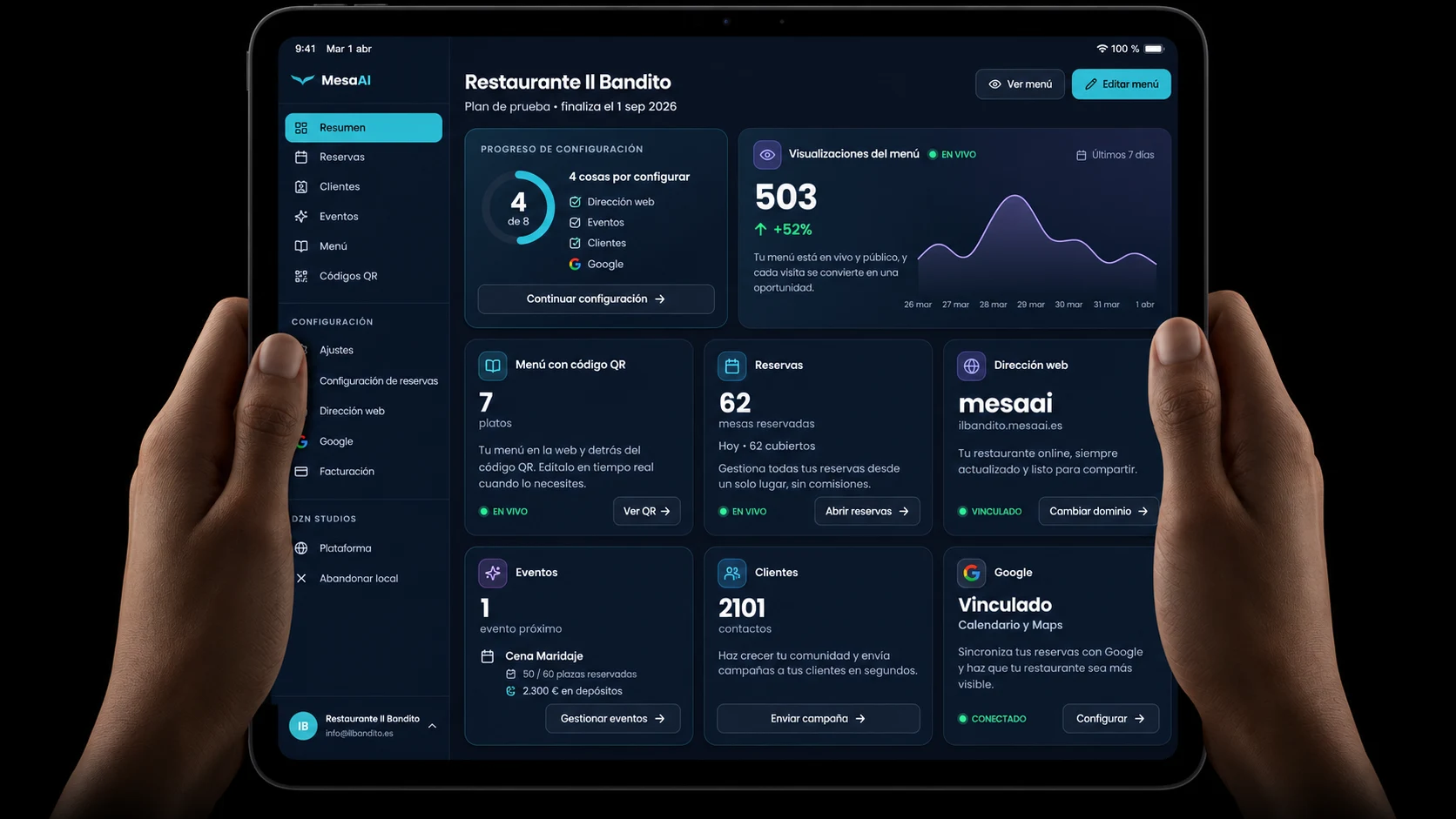 El panel de control de MesaAI en una tablet: visualizaciones del menú, reservas, clientes, eventos, carta QR y conexión con Google en un mismo panel