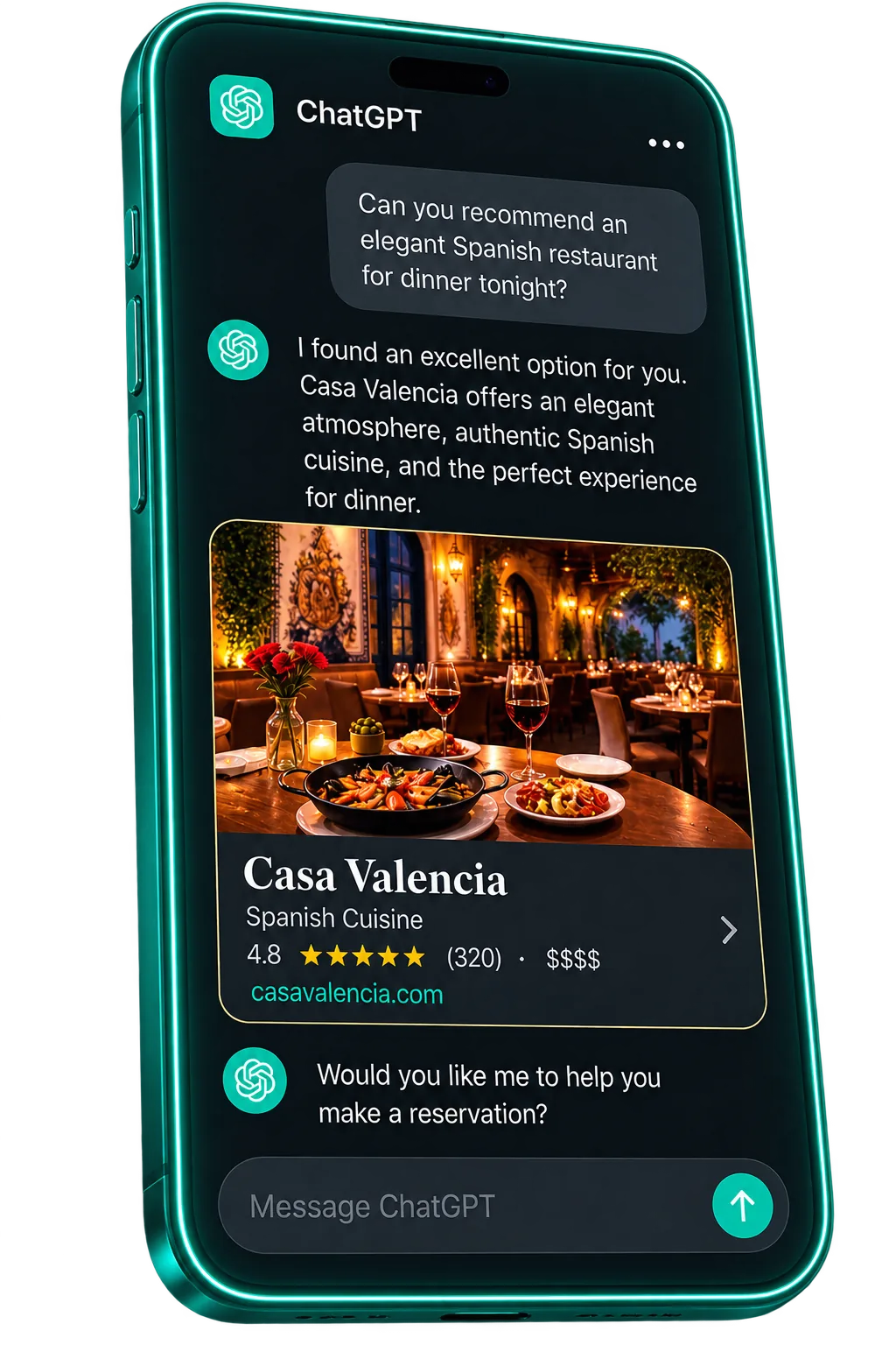 A ChatGPT conversation recommending Casa Valencia, an elegant Spanish restaurant, showing its listing, 4.8-star rating and a link to its website
