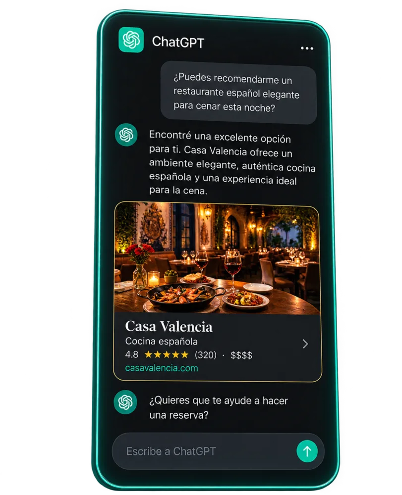 Conversación en ChatGPT recomendando el restaurante Casa Valencia, con su ficha, valoración de 4,8 estrellas y enlace a su web